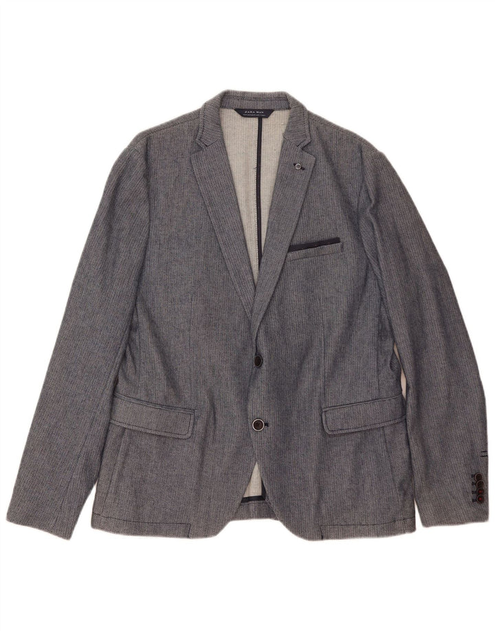 Zara Herren-Blazerjacke mit 2 Knöpfen, EU 54, XL, blaues geometrisches Polyester