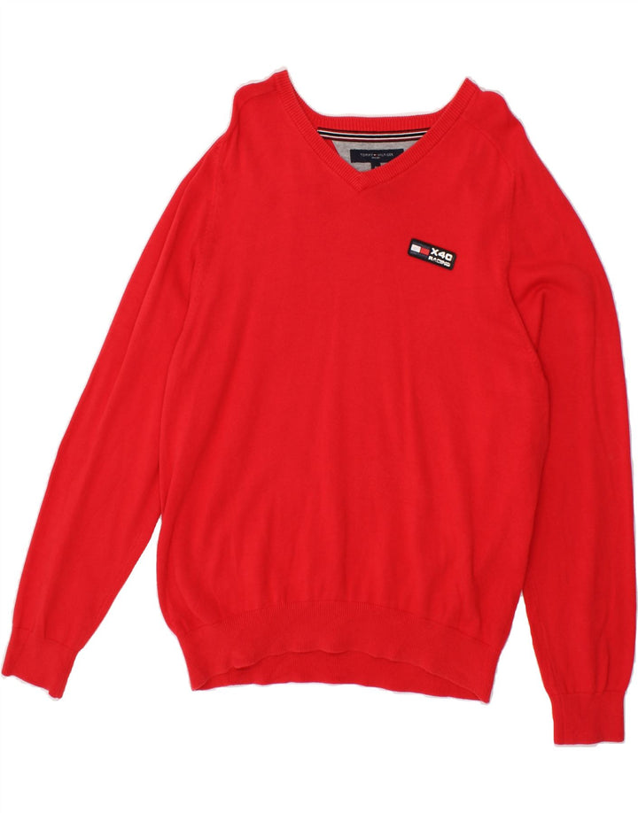 TOMMY HILFIGER Mens V-Neck Jumper Sweater Medium Red Cotton Vintage Tommy Hilfiger and Second-Hand Tommy Hilfiger from Messina Hembry 
