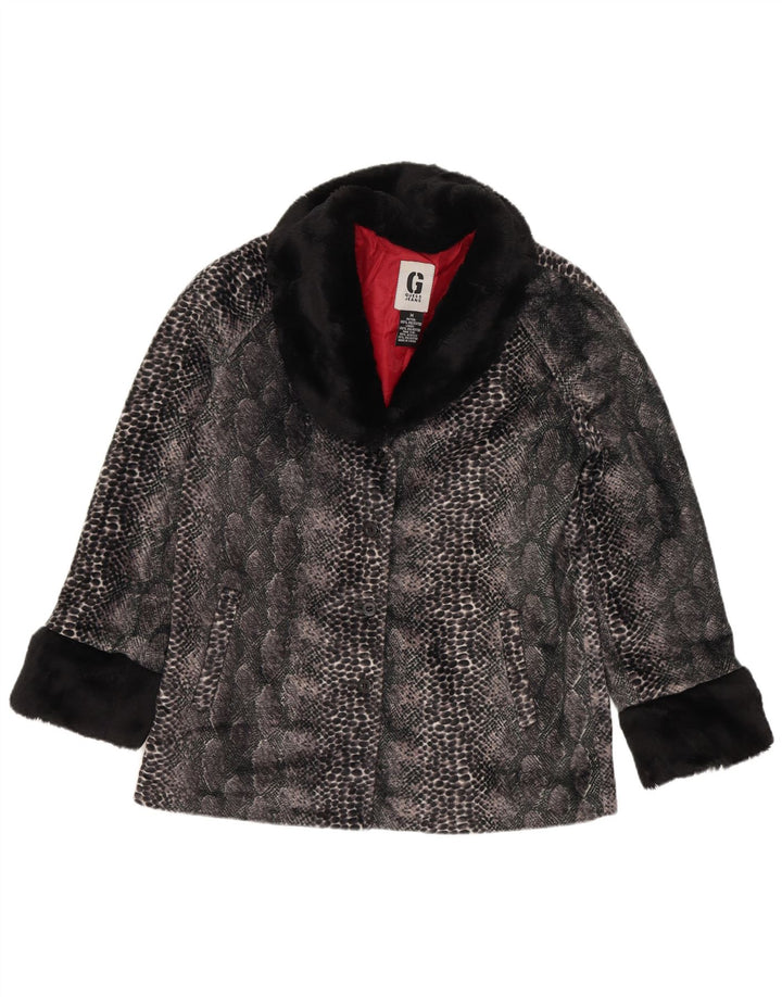 Guess Damen Kunstfelljacke UK 14 Mittelgraues Polyester mit Tiermuster