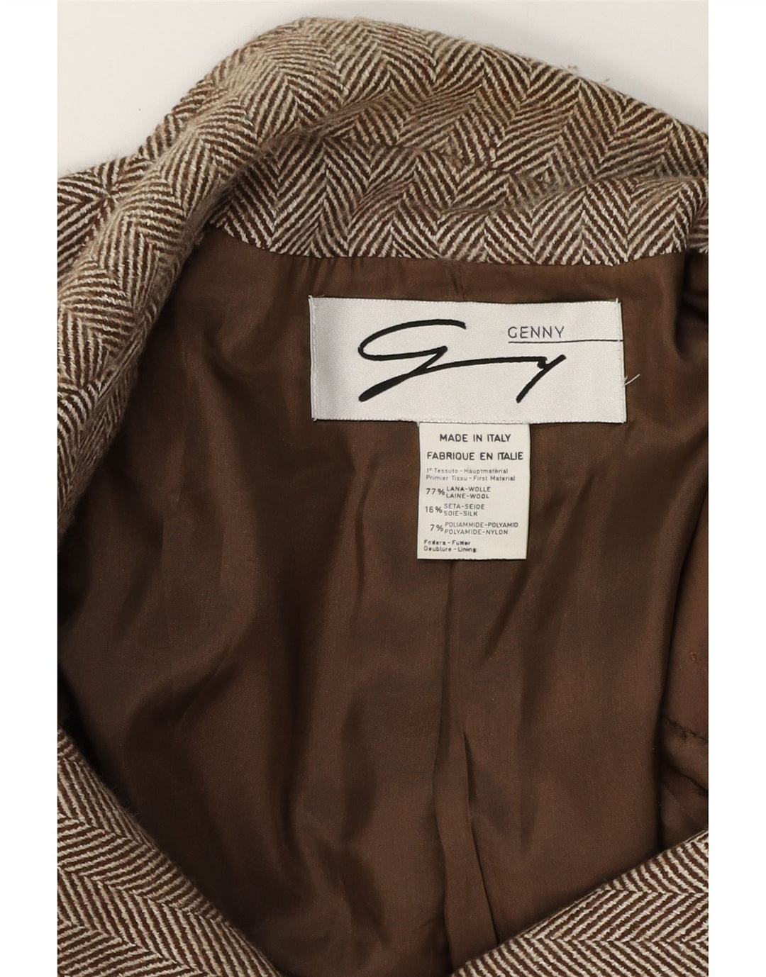 Genny Damen-Blazerjacke mit 3 Knöpfen, Gr. 16, Braun, Wolle mit Fischgrätenmuster