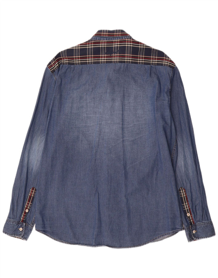 Desigual Herren-Jeanshemd mit normaler Passform, 2XL, blaue Patchwork-Baumwolle