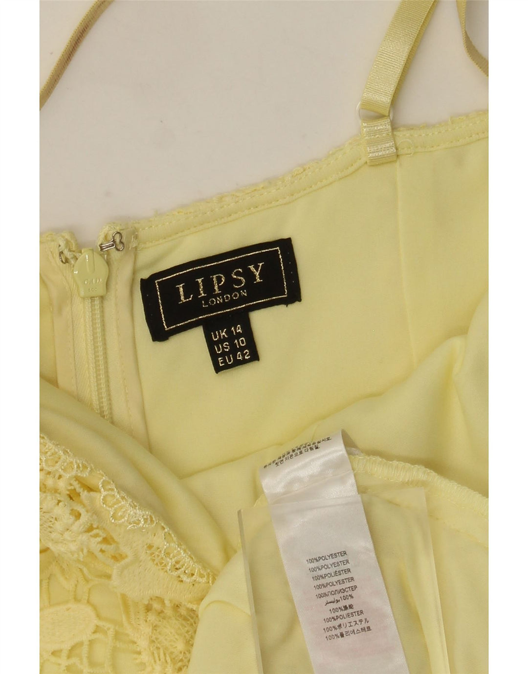 Lipsy Damen-Sommerkleid aus Spitze, UK-Größe 44, mittelgelbes, geblümtes Polyester