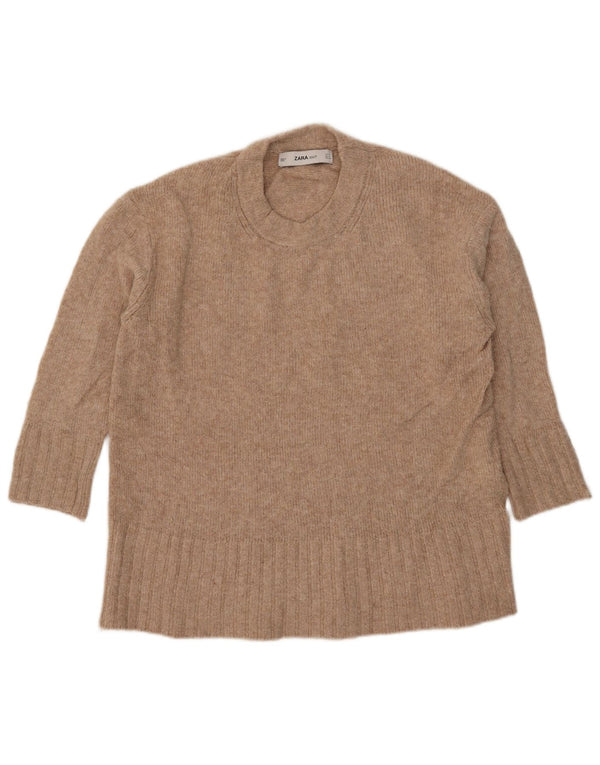 Zara Damen-Pullover mit 3/4-Ärmeln, übergroßer Rundhalsausschnitt, Gr. 10, Größe S, Beige