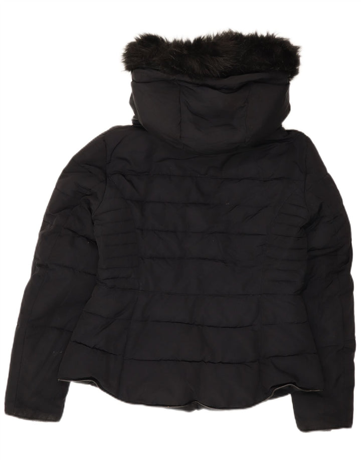 Zara Damen Crop Hooded Wattierte Jacke UK 16 Large Schwarz Polyester