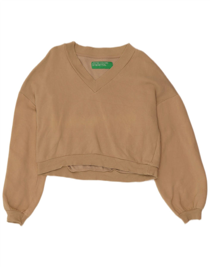 BENETTON Womens Crop Oversized Sweatshirt Pullover UK 10 Small Beige Baumwolle