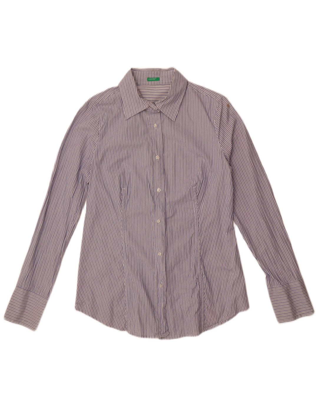Benetton Damenhemd UK 14 Mittelblaue Nadelstreifen-Baumwolle