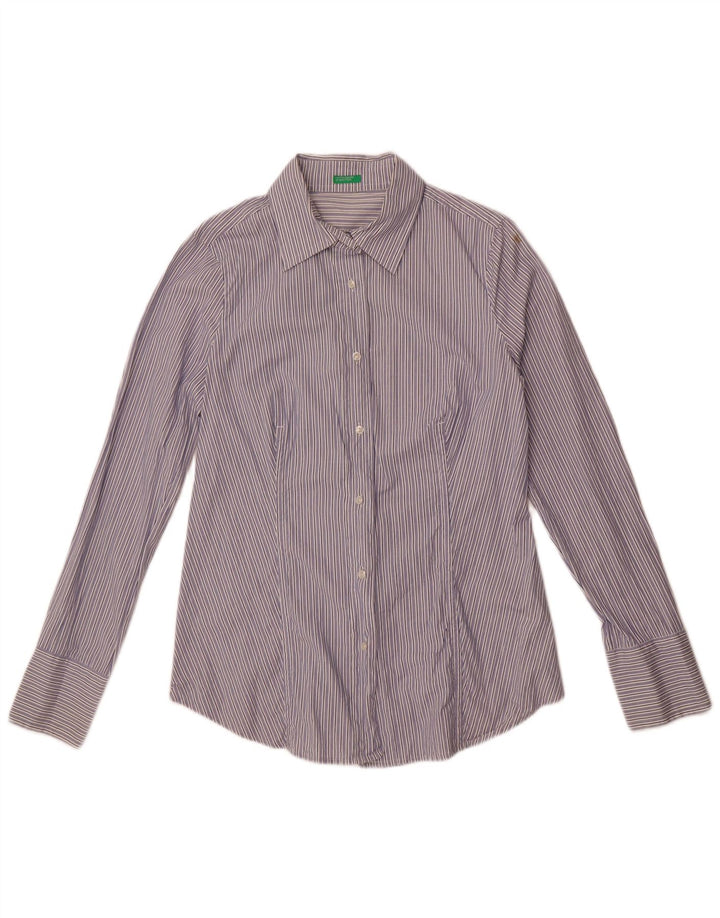 Benetton Damenhemd UK 14 Mittelblaue Nadelstreifen-Baumwolle