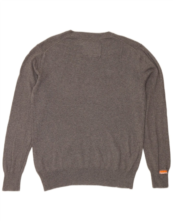 SUPERDRY Herren-Pullover mit V-Ausschnitt, Größe L, aus grauer Baumwolle