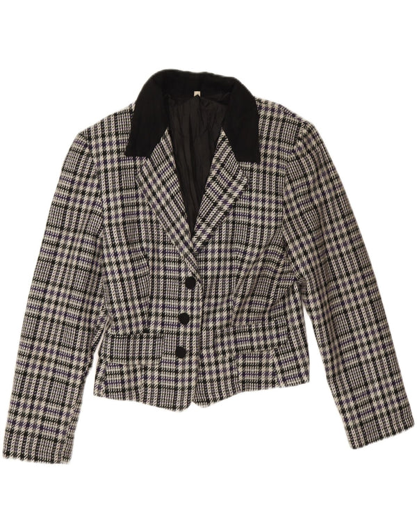 Vintage Damen 3-Knopf-Blazerjacke IT 44 Mittelgraue Hahnentrittwolle