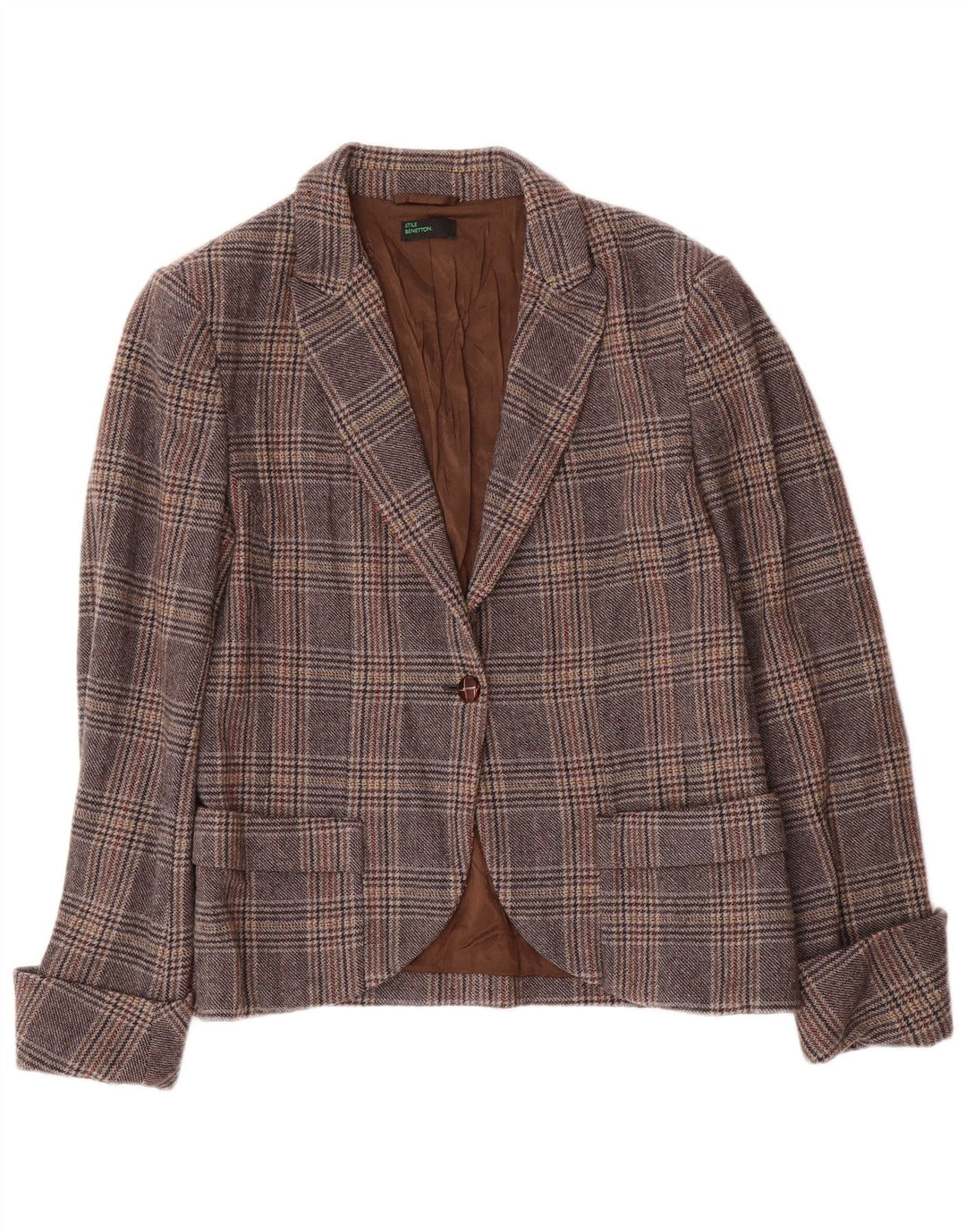 BENETTON Damen 1-Knopf-Blazer-Jacke IT 46 Large Grey Houndstooth