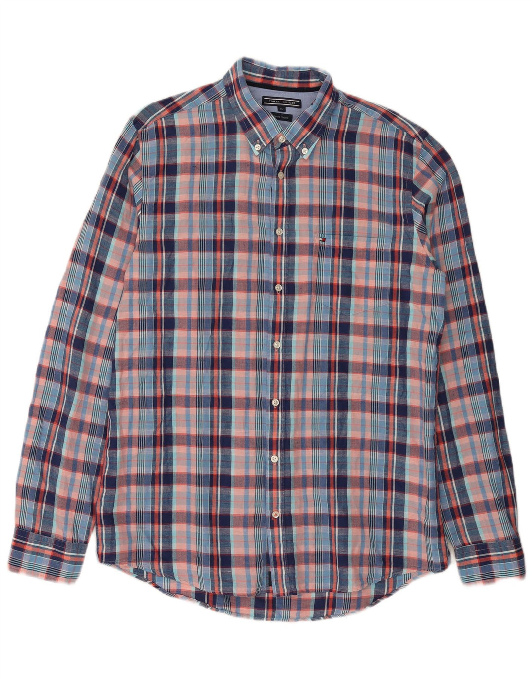 Tommy Hilfiger Herrenhemd XL, blau kariertes Leinen