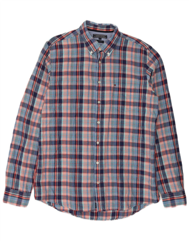 Tommy Hilfiger Herrenhemd XL, blau kariertes Leinen