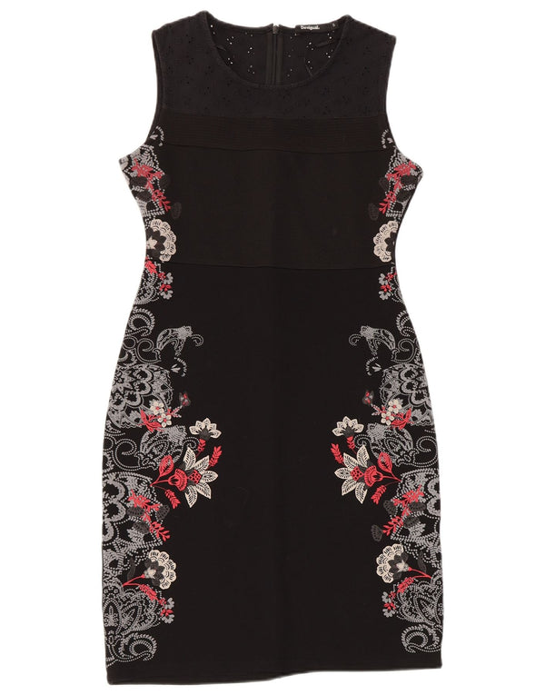 Desigual Damen ärmelloses Etuikleid UK 8 Small Schwarz geblümte Viskose