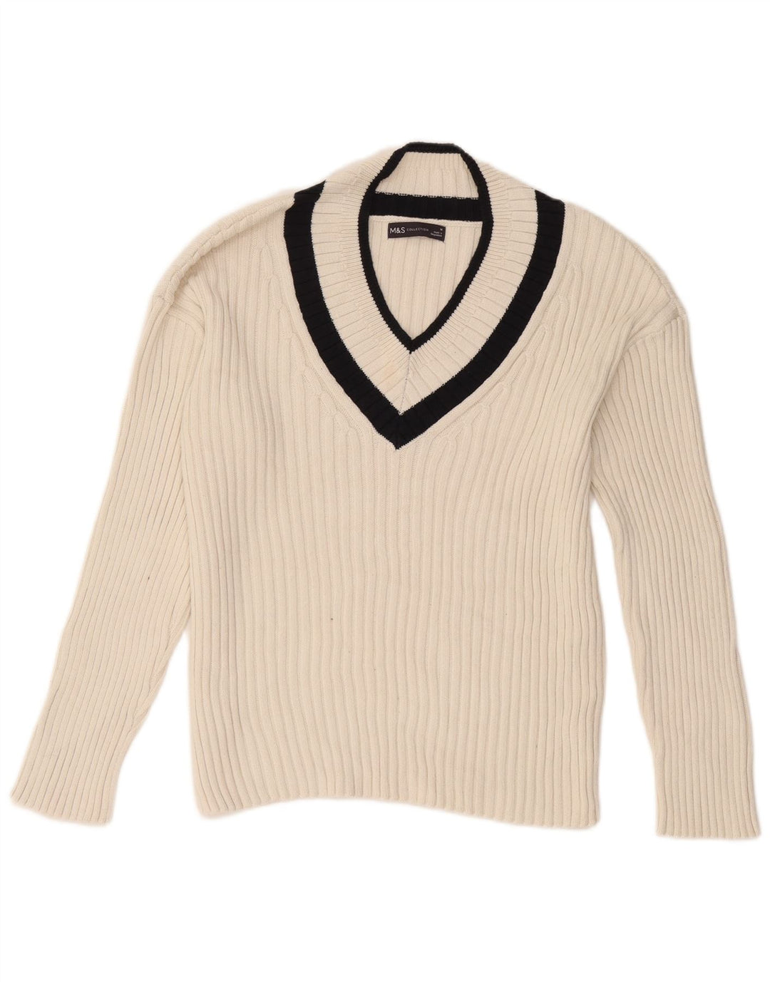 Marks & Spencer Damen-Pullover mit V-Ausschnitt, UK 14, Mittelweiß, Farbblock