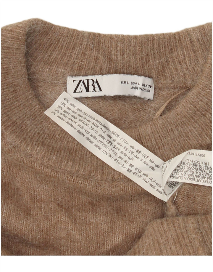 ZARA Damen Crop Crew Neck Pullover Pullover UK 16 Großes braunes Nylon