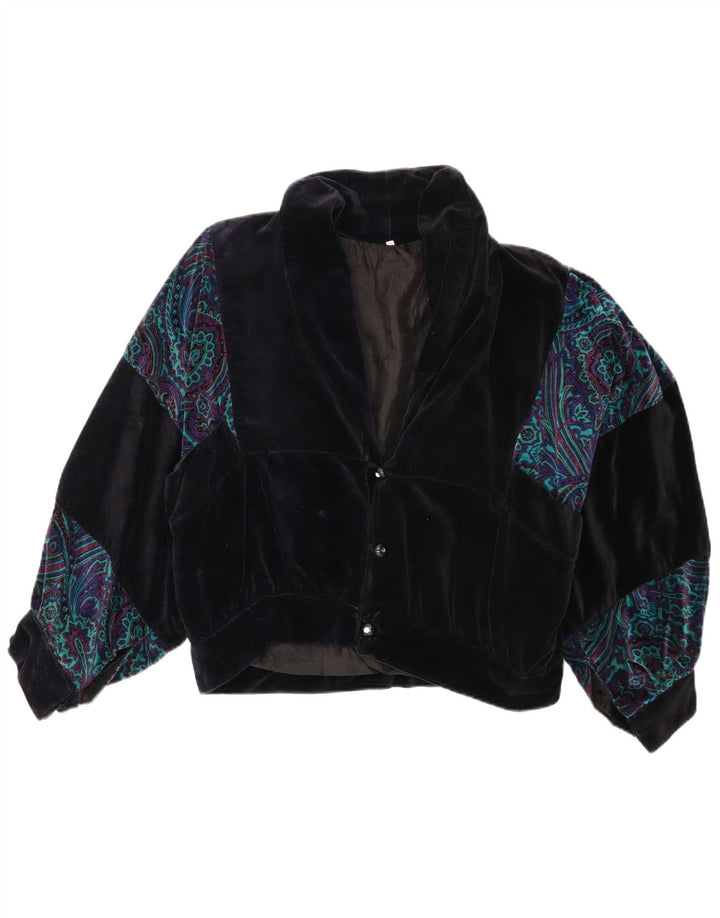 Vintage Damen Übergroße Crop Bomberjacke UK 10 Small Navy Blue Paisley