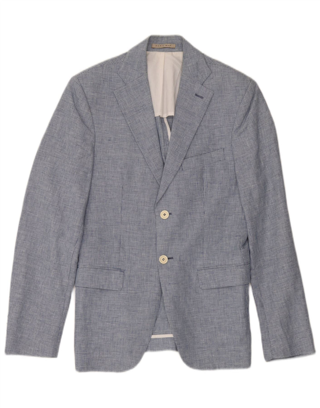 Zara Herren-Blazer mit 2 Knöpfen, EU 46, kleines blaues Hahnentritt-Leinen