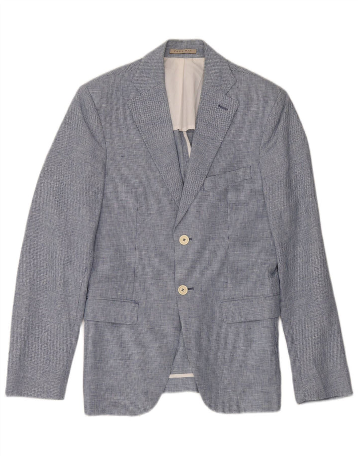 Zara Herren-Blazer mit 2 Knöpfen, EU 46, kleines blaues Hahnentritt-Leinen