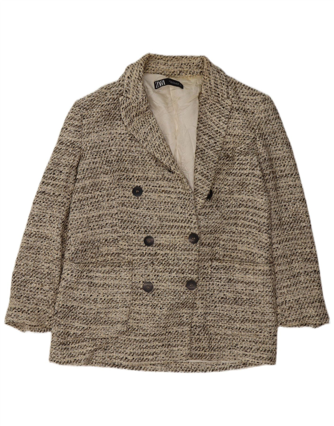Zweireihiger Blazer für Damen von Zara, UK 14, mittelbeige gefleckte Baumwolle