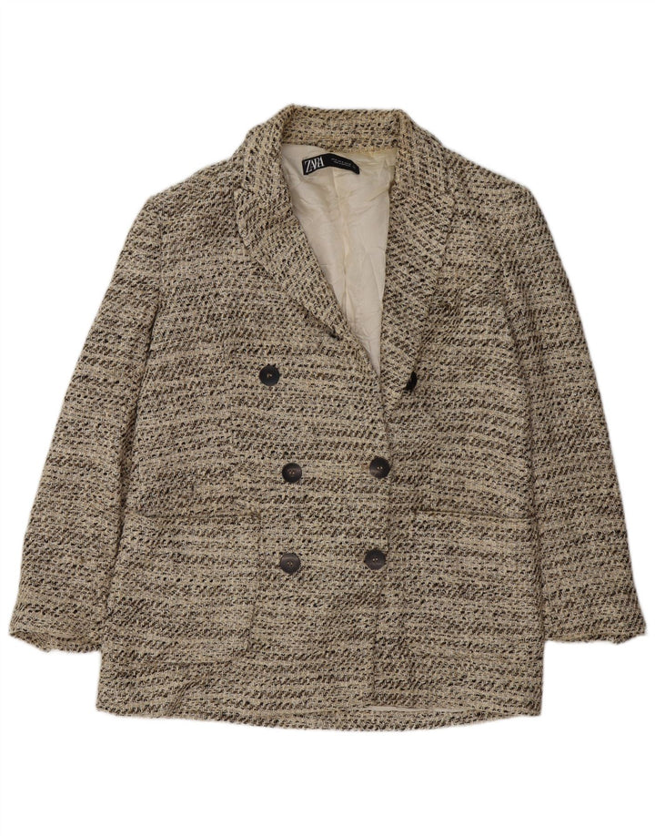 Zweireihiger Blazer für Damen von Zara, UK 14, mittelbeige gefleckte Baumwolle