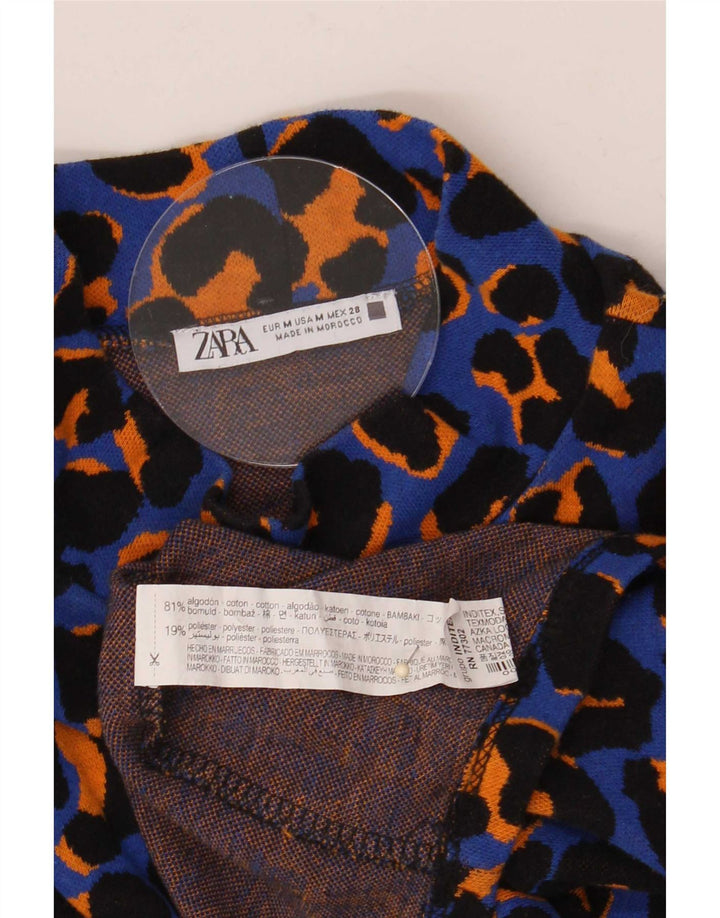 Zara Damen Übergroßes Top Langarm UK 14 Mittelblaue Baumwolle mit Animal-Print