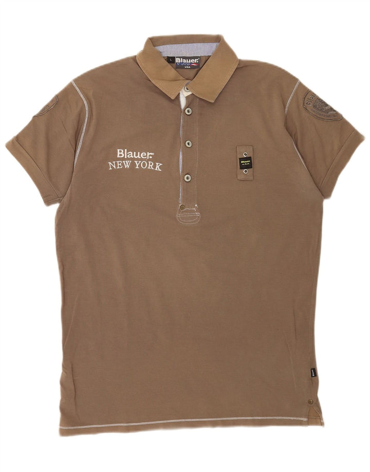 Blauer Herren-Poloshirt mit Grafik, Größe L, Braun