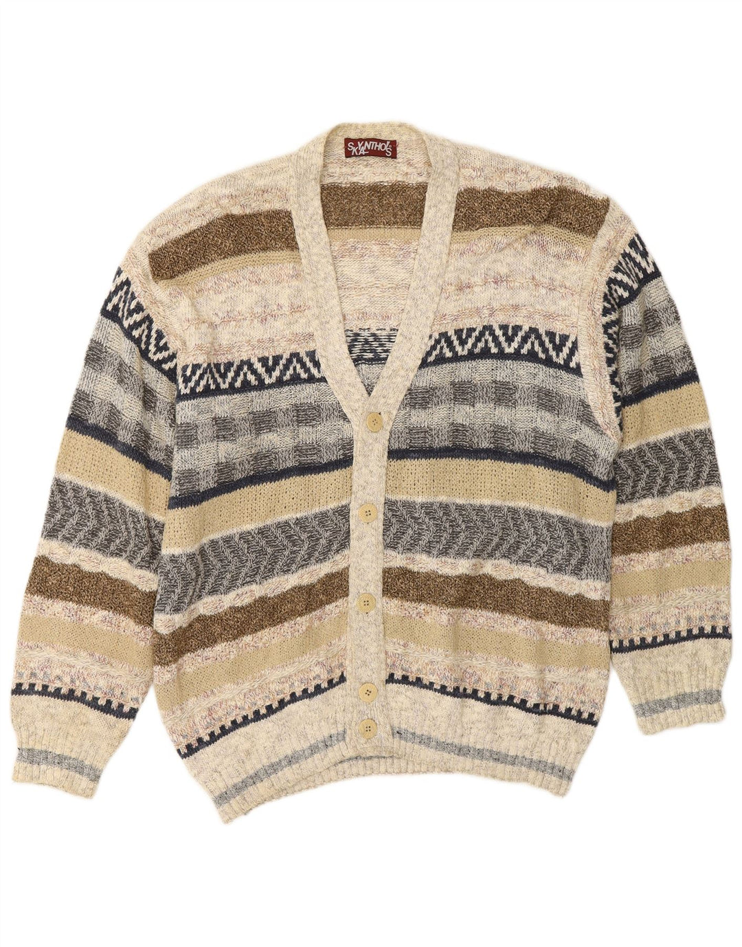 VINTAGE Herren-Cardigan-Pullover, groß, beige gestreift