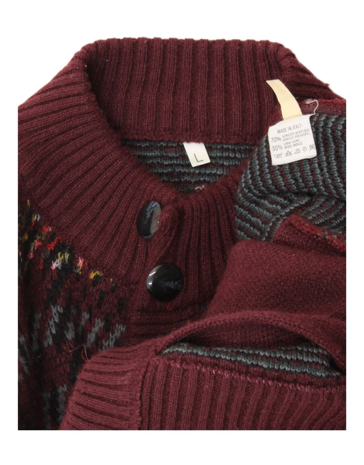 VINTAGE Herren Cardigan Pullover Großes Maroon Geometrisches Acryl