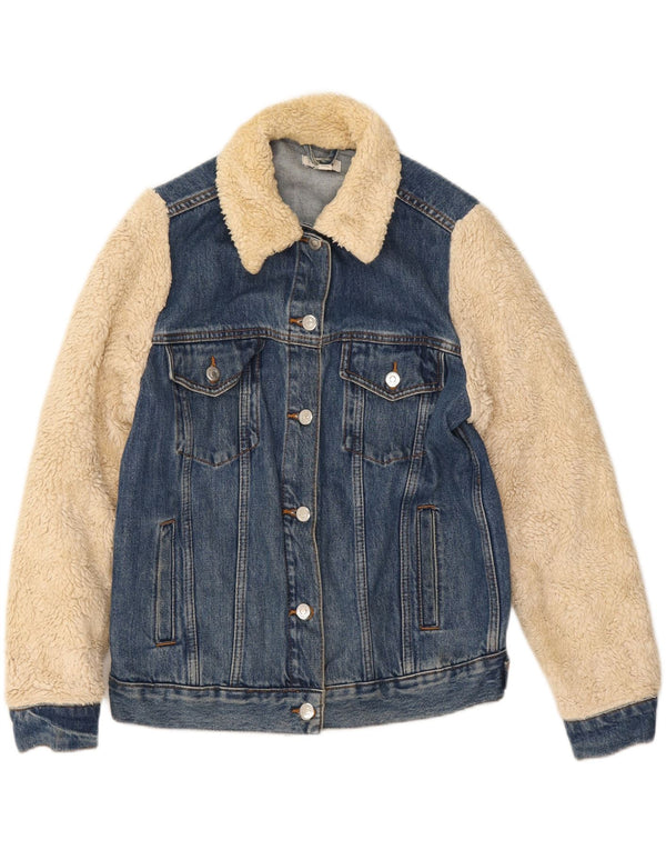 Topshop Damen Jeansjacke mit lockerer Passform, Kunstpelz, UK 6, XS, Blau, Farbblock