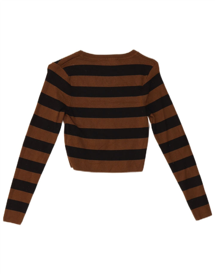 Zara Damen Crop Top Langarm UK 12 Mittelbraun gestreift Viskose