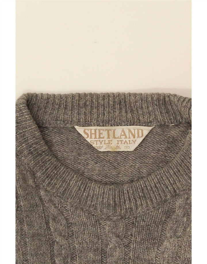 Vintage Herren-Pullover mit Rundhalsausschnitt, mittelgraue geometrische Wolle