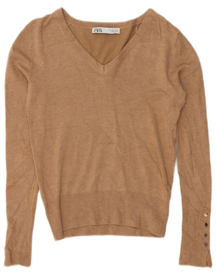 Zara Damen-Pullover mit V-Ausschnitt, Gr. 10, Größe S, braune Viskose