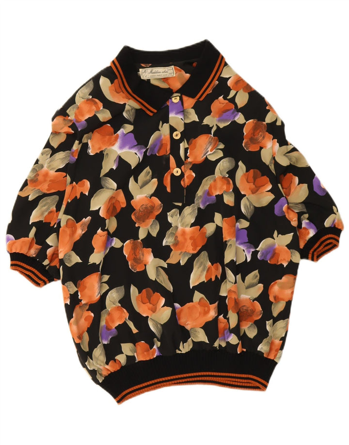 Vintage Damen Pullover Shirt IT 52 2XL Schwarz geblümt