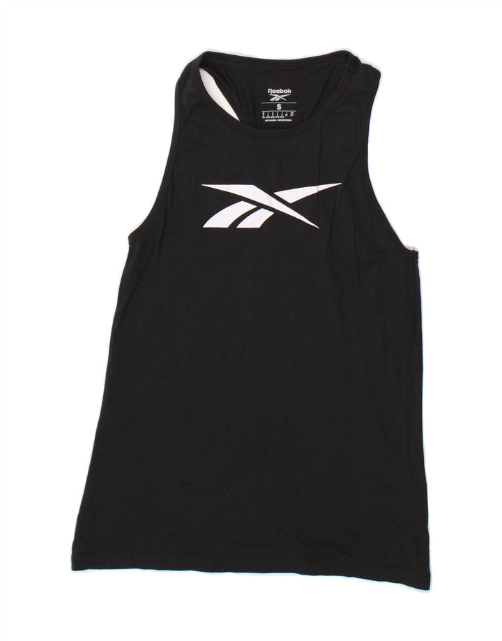 REEBOK Womens Graphic Vest Top UK 8/10 Small Black Cotton Vintage Reebok and Second-Hand Reebok from Messina Hembry 