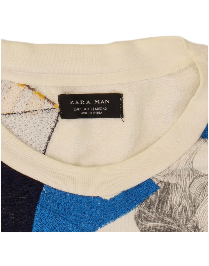 Zara Herren-Sweatshirt mit Grafik, Größe L, Weiß