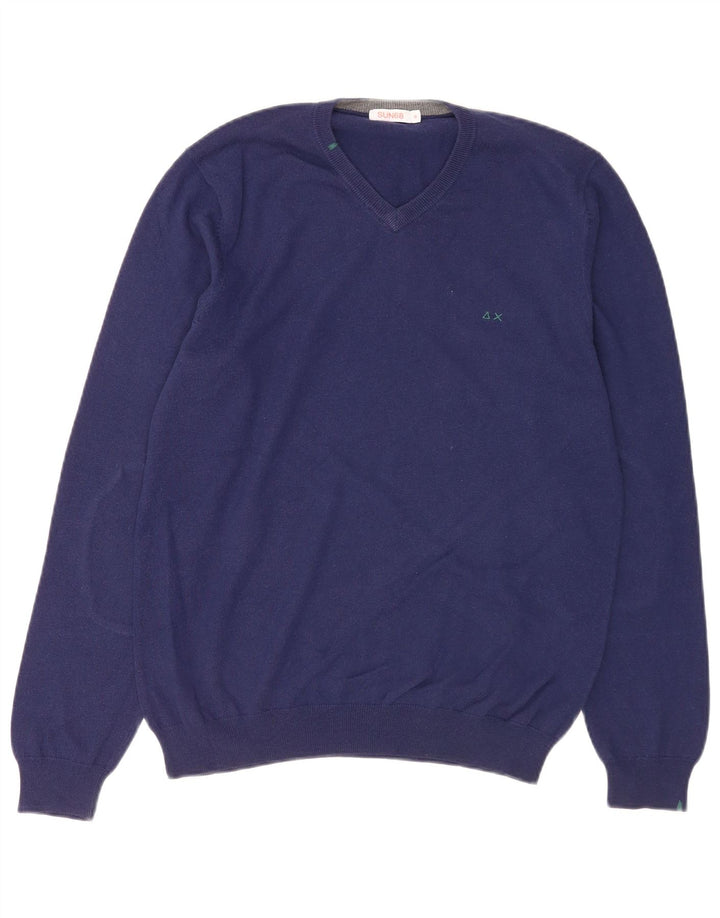 SUN68 Herren-Pullover mit V-Ausschnitt aus mittelblauer Wolle