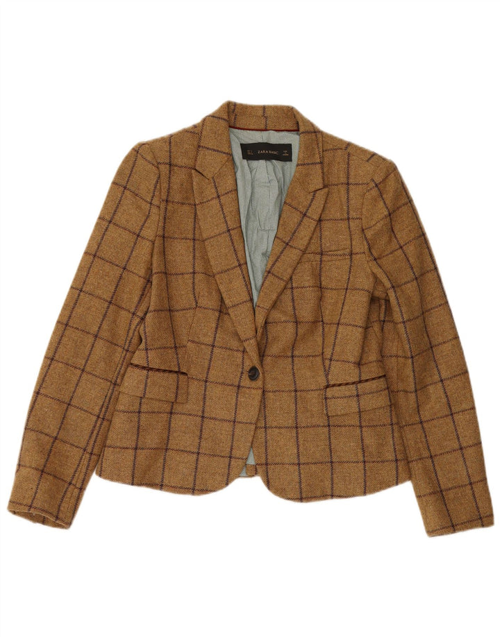 Zara Damen 1-Knopf-Blazerjacke UK 14 Große braune karierte Wolle