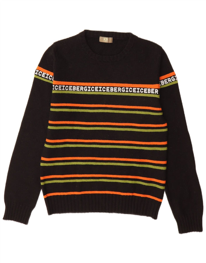 Iceberg Herren-Pullover mit grafischem Rundhalsausschnitt, klein, schwarz gestreift, Wolle