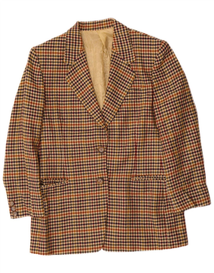 Vintage Damen 2-Knopf-Blazerjacke UK 12 Mittelbeige Hahnentrittwolle