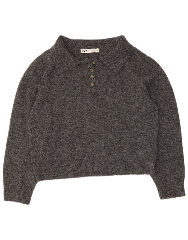 Zara Damen Crop Polo Neck Pullover Pullover UK 14 Mittelgrau meliert