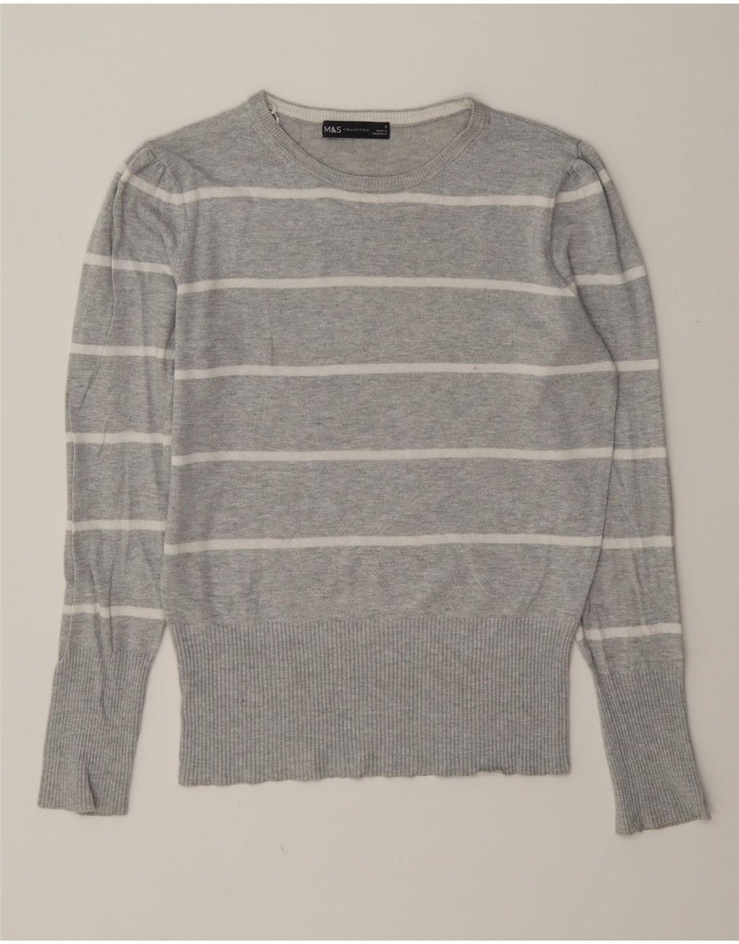 Marks & Spencer Damen-Pullover mit Rundhalsausschnitt, Gr. 8, klein, grau gestreift