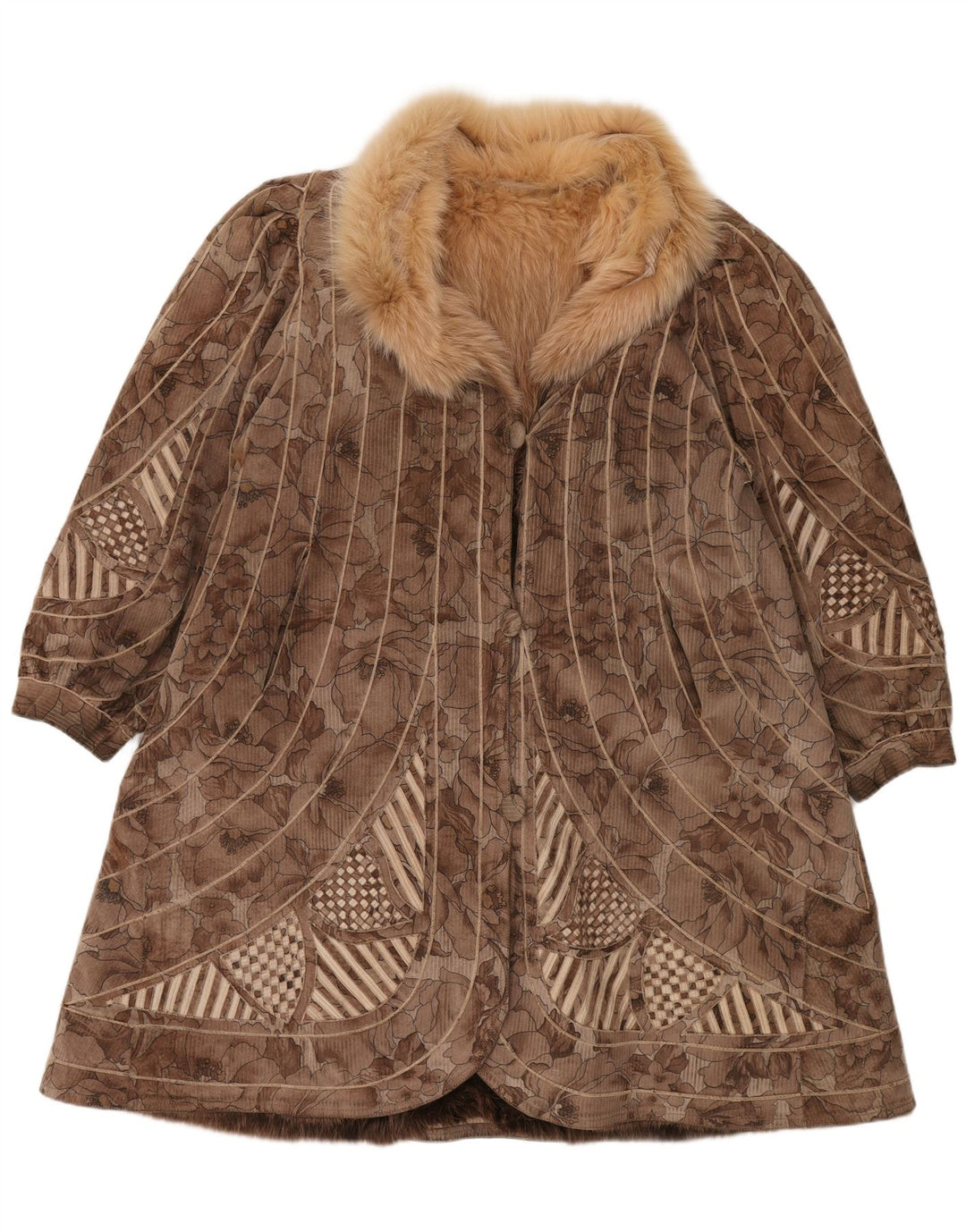 VINTAGE Damen Kunstpelz-Wendemantel UK 18 XL Braun geblümt