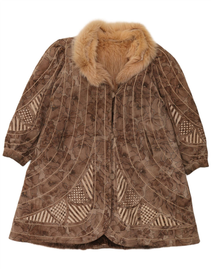 VINTAGE Damen Kunstpelz-Wendemantel UK 18 XL Braun geblümt