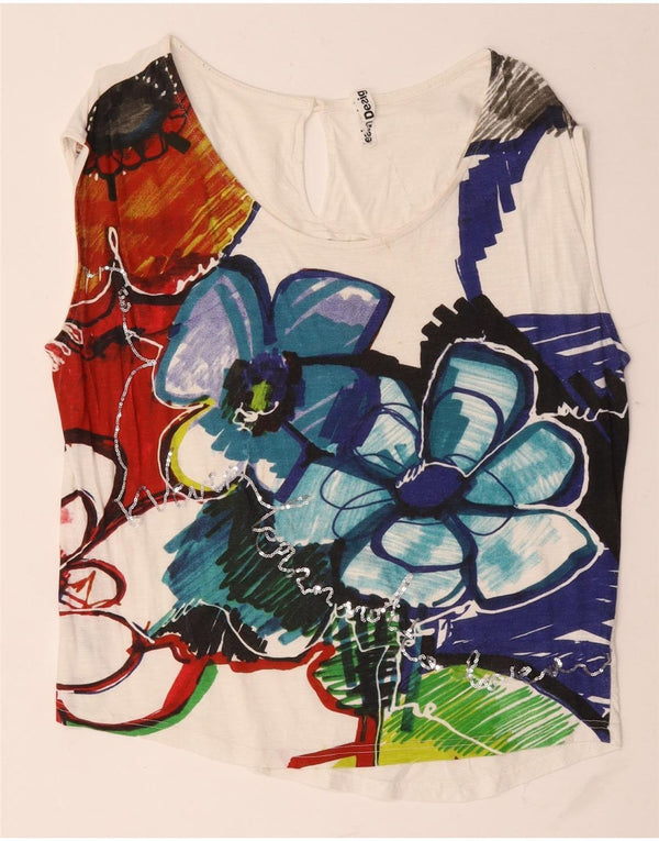 Desigual Damen Grafik-Trägershirt UK 18 XL Weiß geblümte Baumwolle