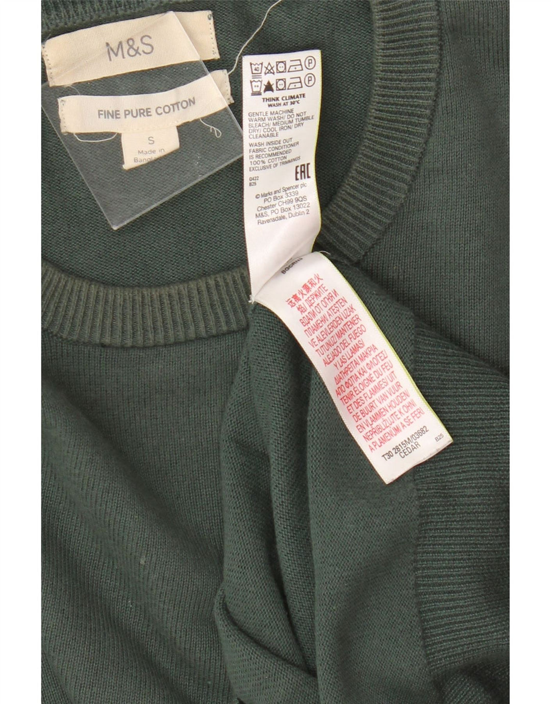 Marks & Spencer Herren-Pullover mit Rundhalsausschnitt, Größe S, grüne Baumwolle