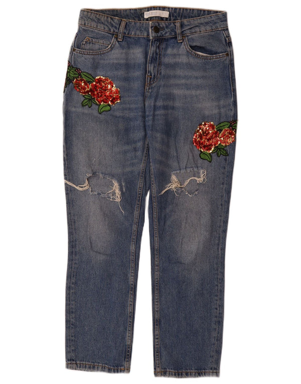 Zara Damen Distressed Straight Jeans EU 36 XS W26 L29 Blau geblümte Baumwolle