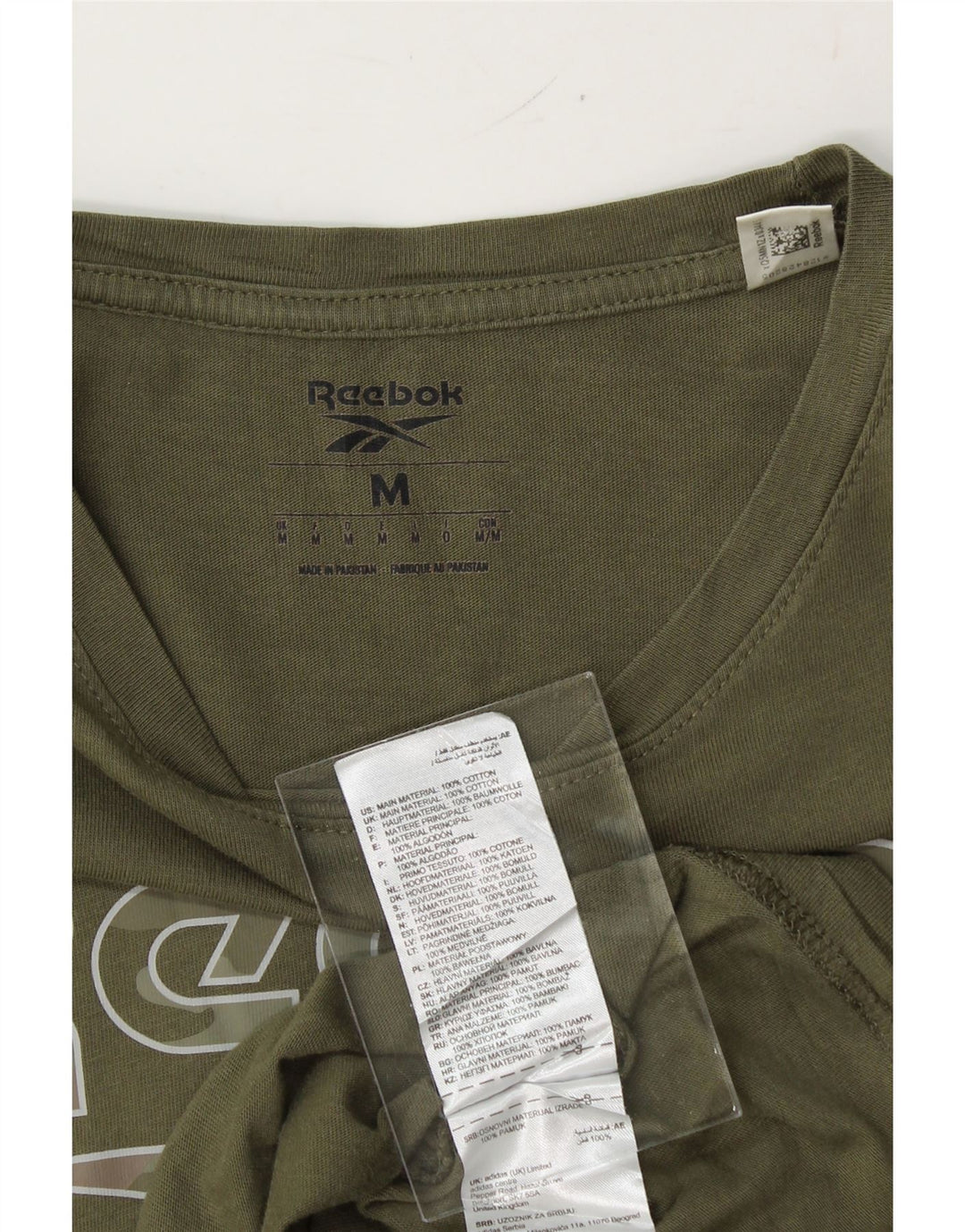 REEBOK Womens Graphic T-Shirt Top UK 14 Medium Khaki Cotton Vintage Reebok and Second-Hand Reebok from Messina Hembry 