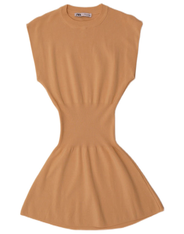 Kurzärmliges Pulloverkleid für Damen von Zara, Gr. 10, Größe S, Beige