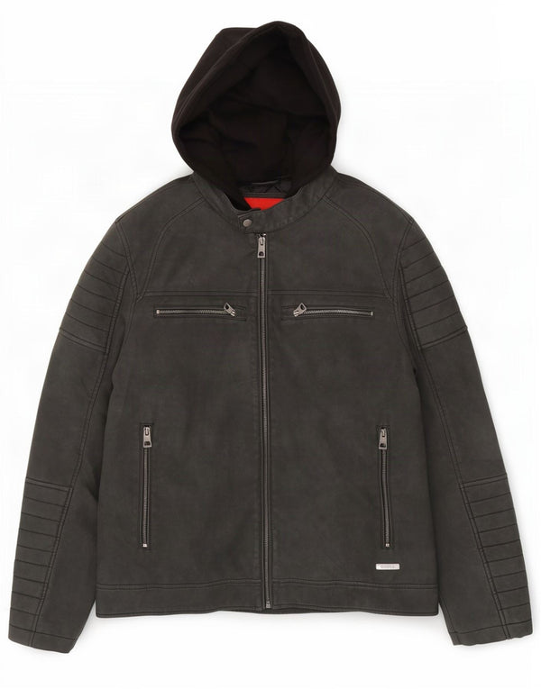 Guess Herren-Rennjacke aus Kunstleder mit Kapuze, UK 40, Größe L, graues Polyurethan