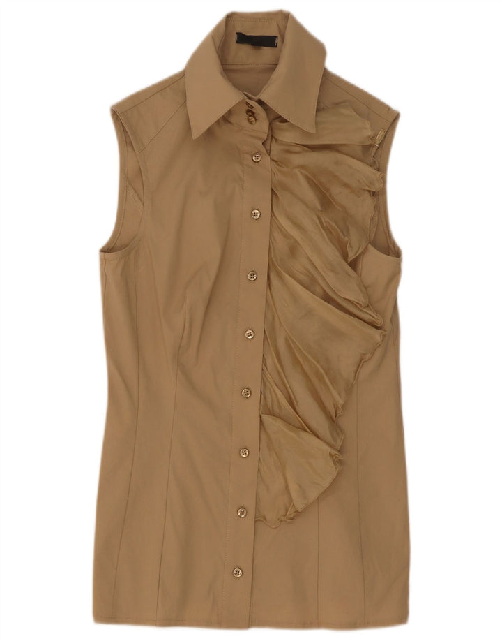 Elisabetta Franchi Damen-Hemdbluse mit Rüschen vorne IT 42 Mittelbeige